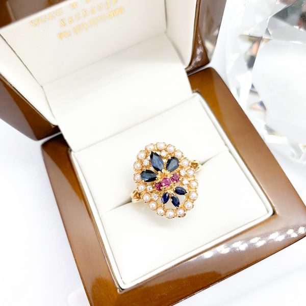 Sapphire Ruby Pearl Diamond Ring