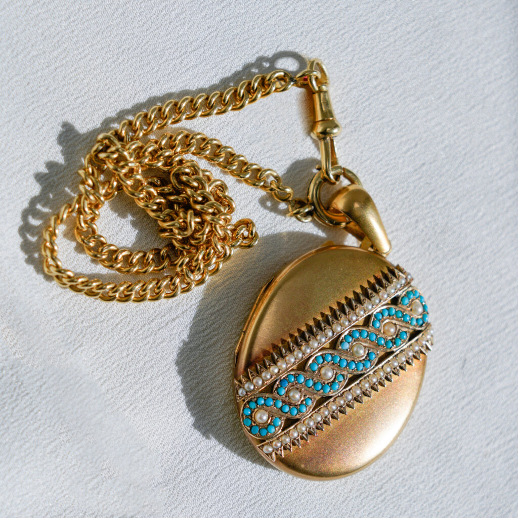 Antique 15ct Gold Locket set with Turquoise and seed Pearls - Gold ...