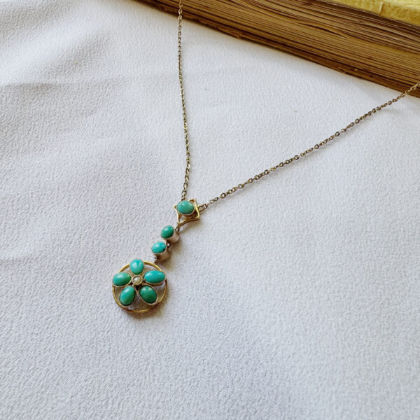 9ct Yellow Gold Turquoise & Pearl Necklace - Image 2